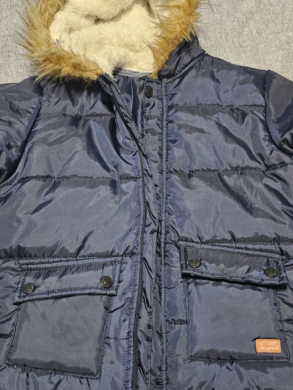 7 For All Mankind Kids Navy Puffer Jacket with Faux Fur Trim Hood